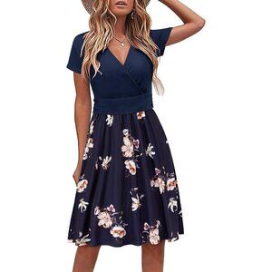 Womens Summer Short Sleeve V-Neck Floral Wrap Waist Casual Dress with Pockets